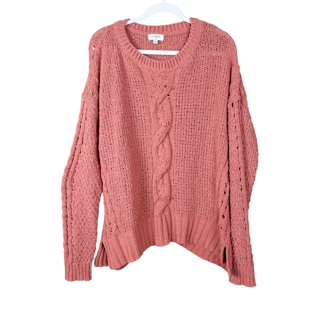 Umgee Chenille Sweater Women's Large Orange Chunky Cableknit Loose Pullover Crew